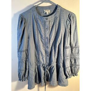 Wonderly blue peasant top shirt ties in front ss eyelet rn#31104